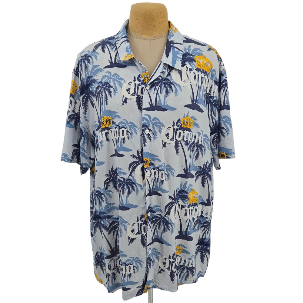 Corona Button Up Shirt Mens 3XL Blue Palm Tree Tropical Rayon Hawaiian Beer